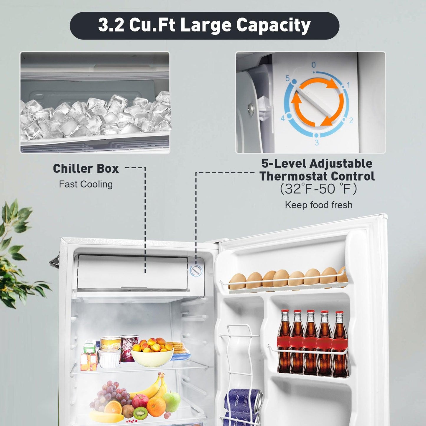 Luckyermore 3.2 Cu.Ft. Small Fridge with Freezer Compact Refrigerator with Adjustable Legs, White