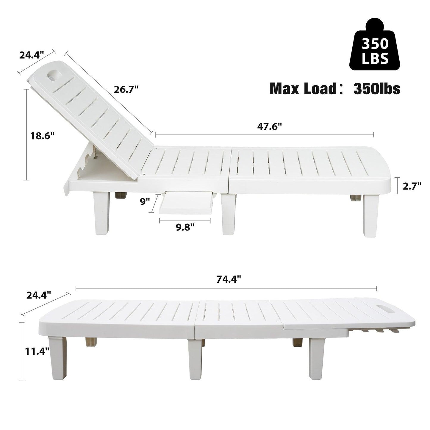 Luckyermore 74" Outdoor Chaise Lounge Patio Pool Lounge Chairs with 4 Level Adjustable Backrest 350lbs Weight Capacity