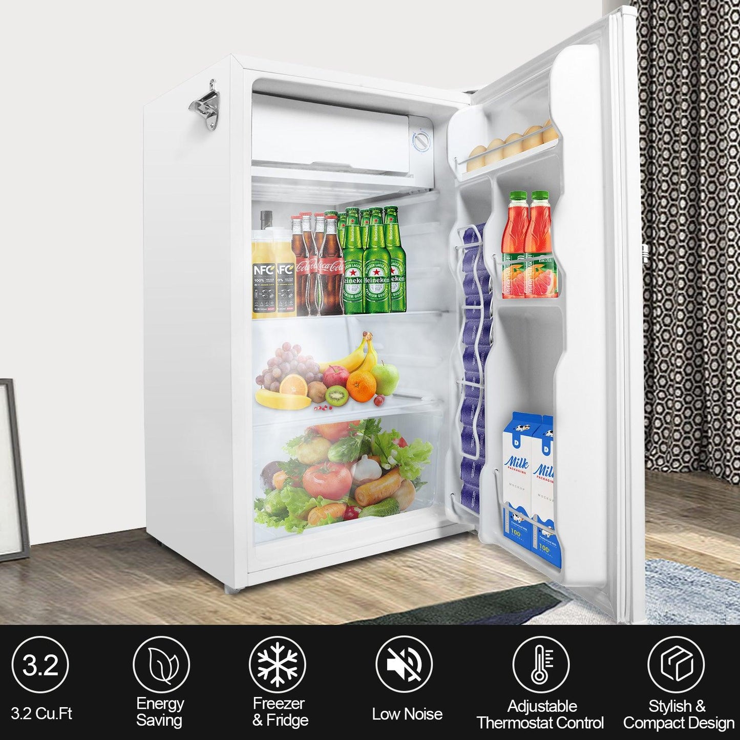 Luckyermore 3.2 Cu.Ft. Small Fridge with Freezer Compact Refrigerator with Adjustable Legs, White