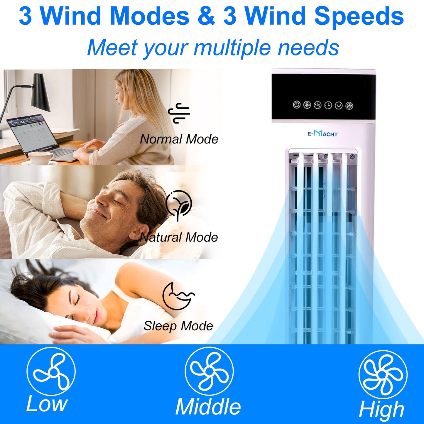 Luckyermore 3-in-1 Portable Air Cooler, Cooling Tower Fan with 3 Speeds & 3 Modes, 3L Water Tank, 12H Timer Air Cooling Fan Remote Control for Bedroom, Office