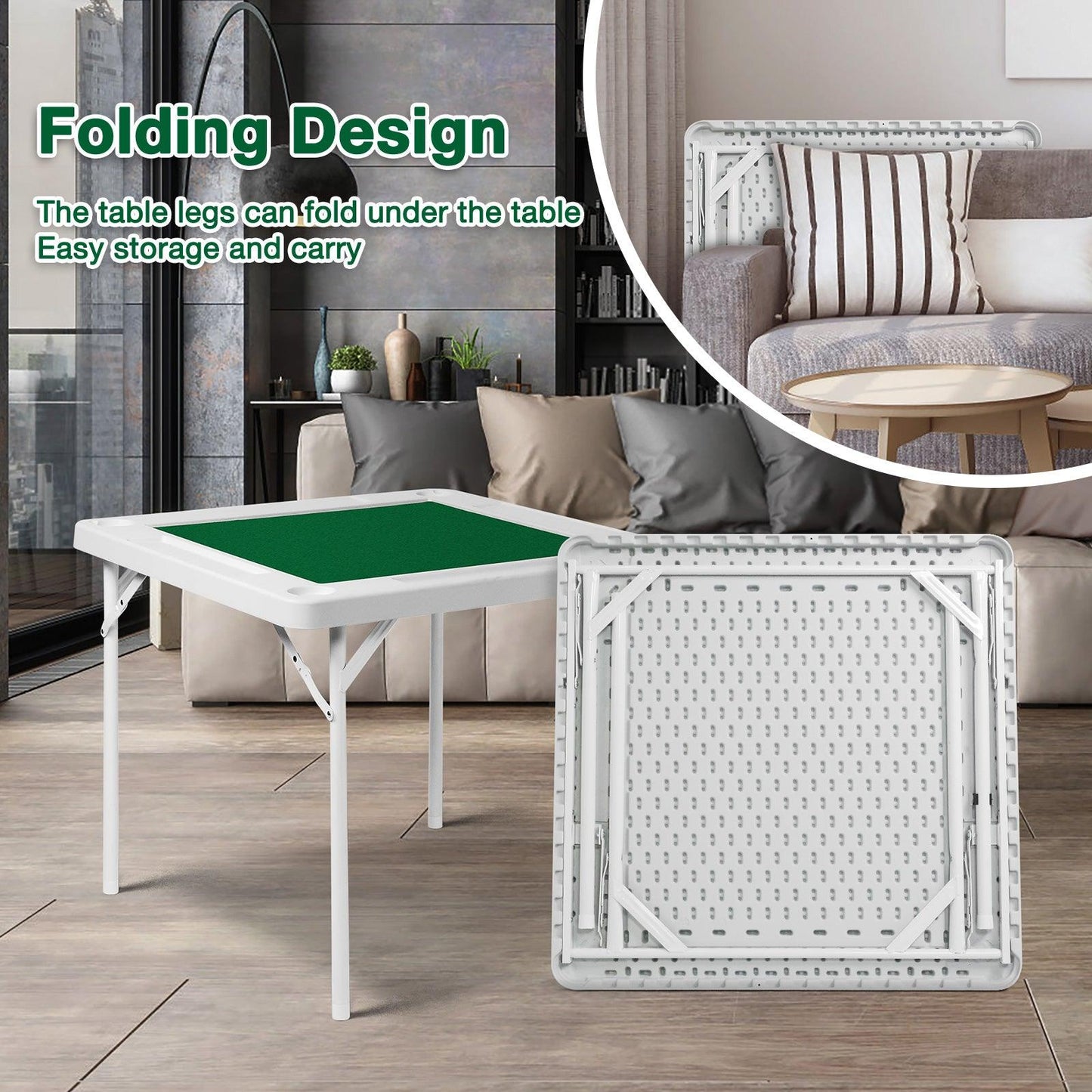 LUCKYERMORE 35.4" Folding Mahjong Table Square Poker Table with Cup Holders and Chip Trays