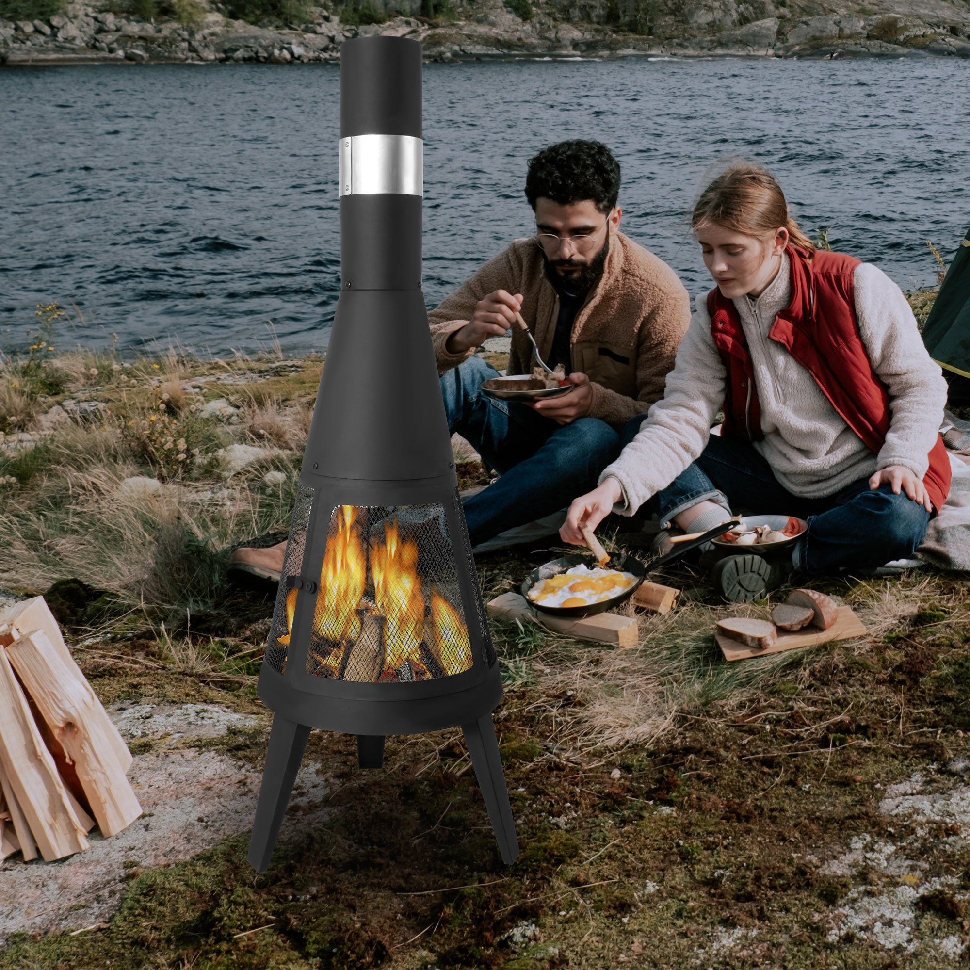 47.6" Tall Chiminea Outdoor Patio Fireplace Metal Wood Burning Outdoor Fire Pit, Black
