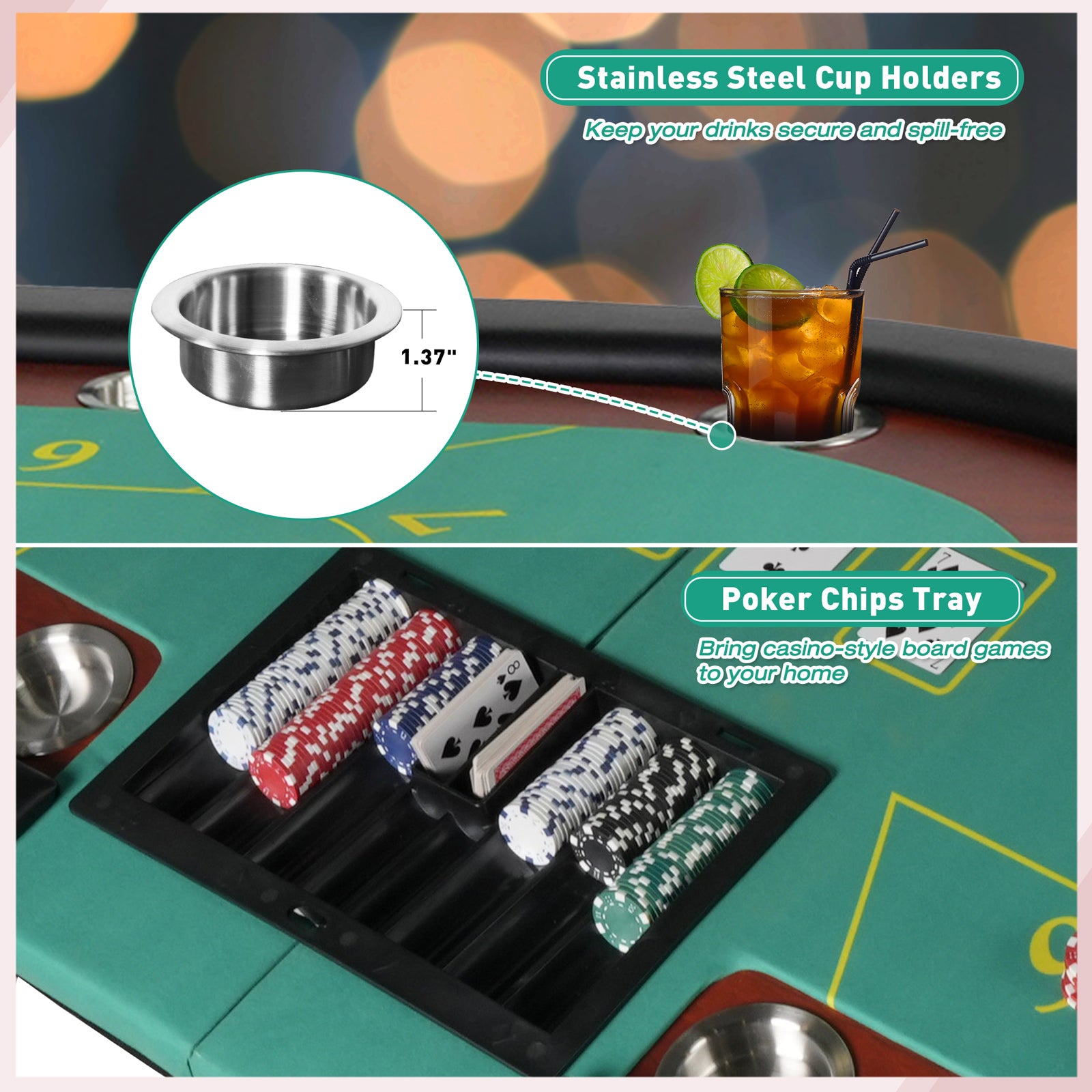 84" Folding Poker Table 10 Player Card Table with 10 Cup Holder for Texas Casino, Green
