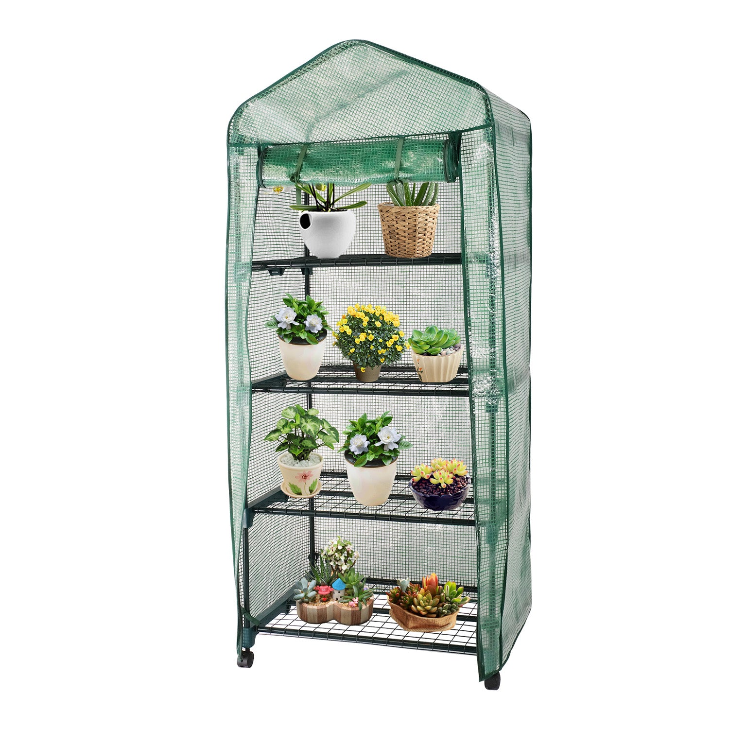 4 Tiers Mini Greenhouse with Caster Wheels Portable Outdoor Planter House