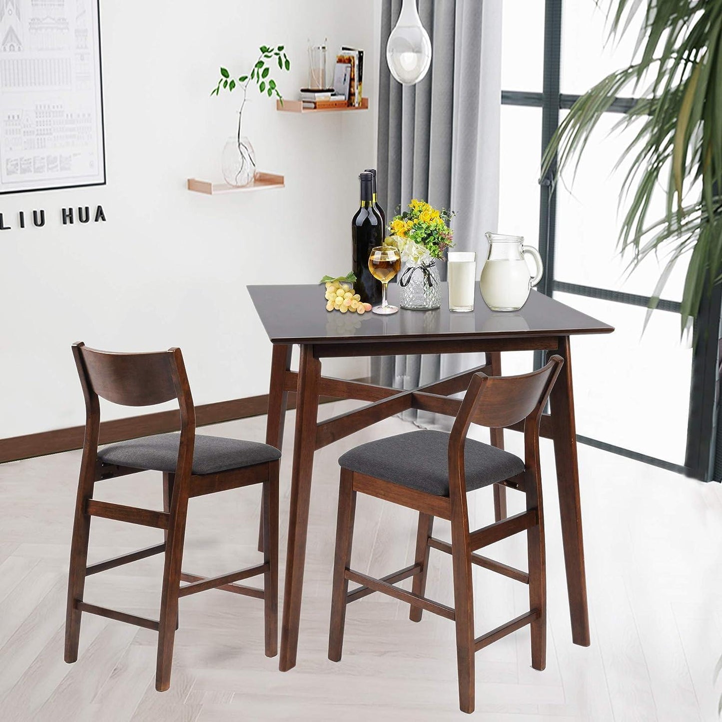 36" Square High Top Bar Table for 2-4 Dining Kitchen Table with Solid Wood Leg