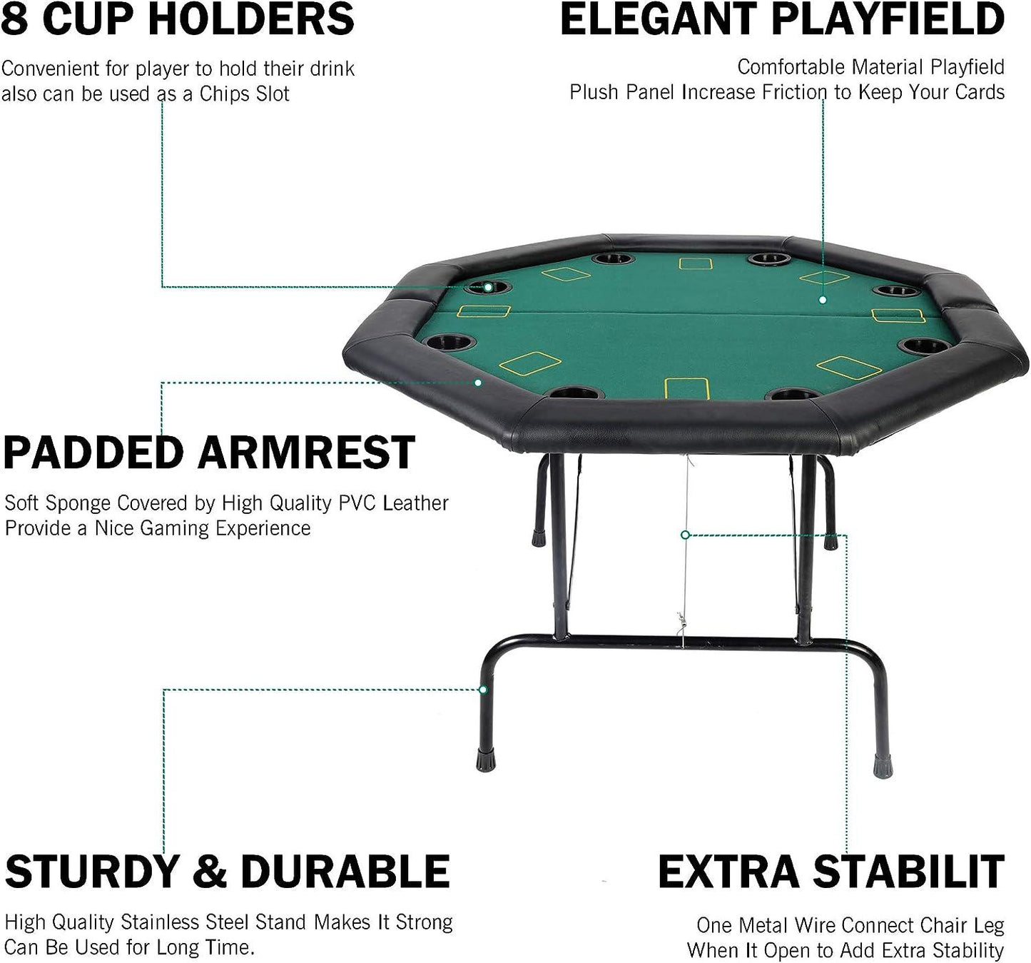 LUCKYERMORE 48" Octagon Folding Poker Table 8 Player Texas Blackjack Poker Mat, PVC Cup Holder