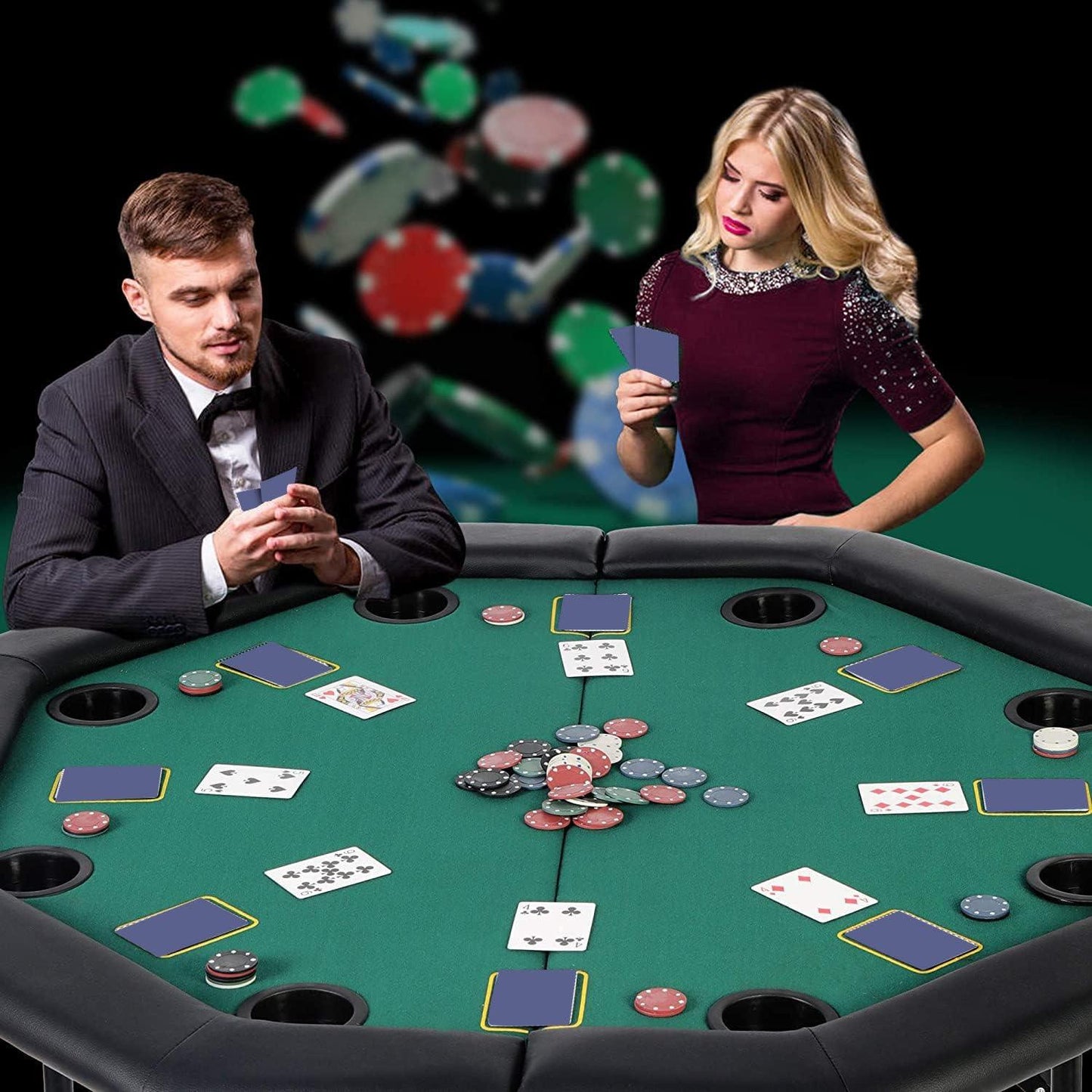 LUCKYERMORE 48" Octagon Folding Poker Table 8 Player Texas Blackjack Poker Mat, PVC Cup Holder