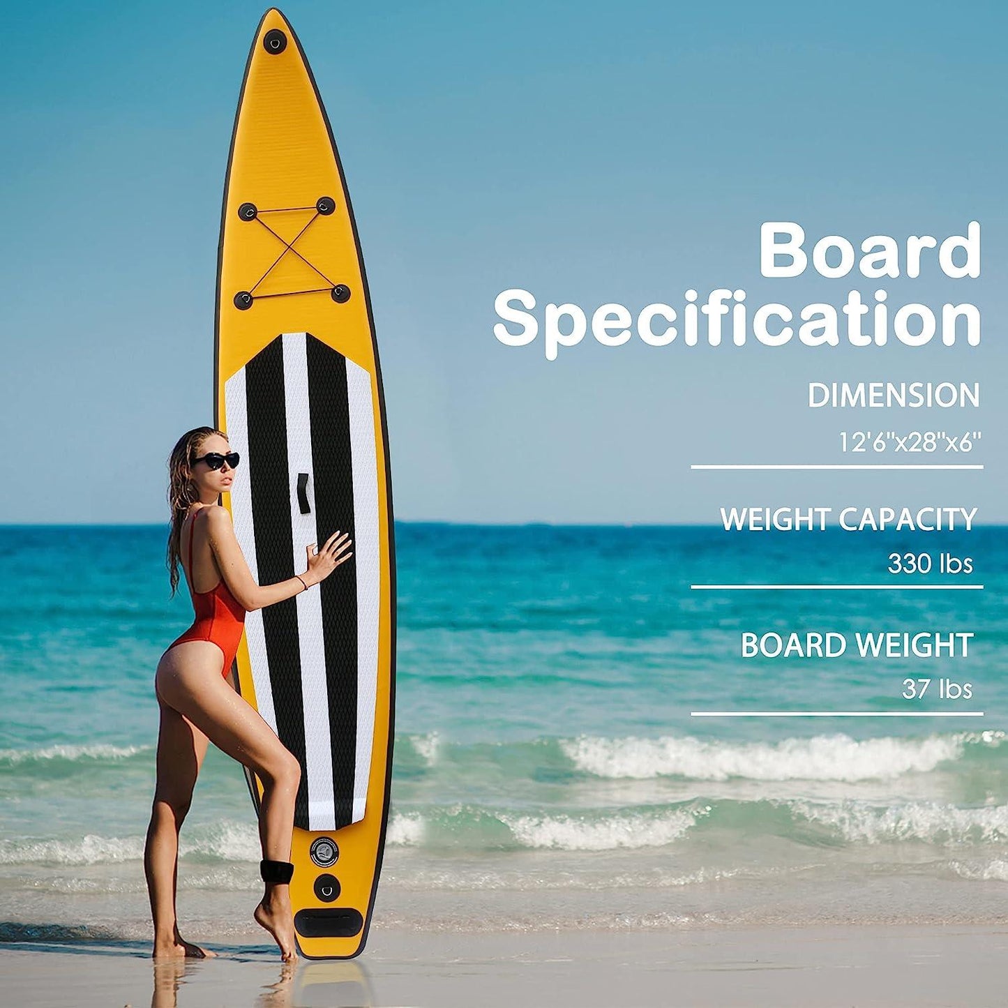LUCKYERMORE 12.6'x28''x6'' Inflatable Stand Up Paddle Board with SUP Accessories & Carry Bag, Yellow