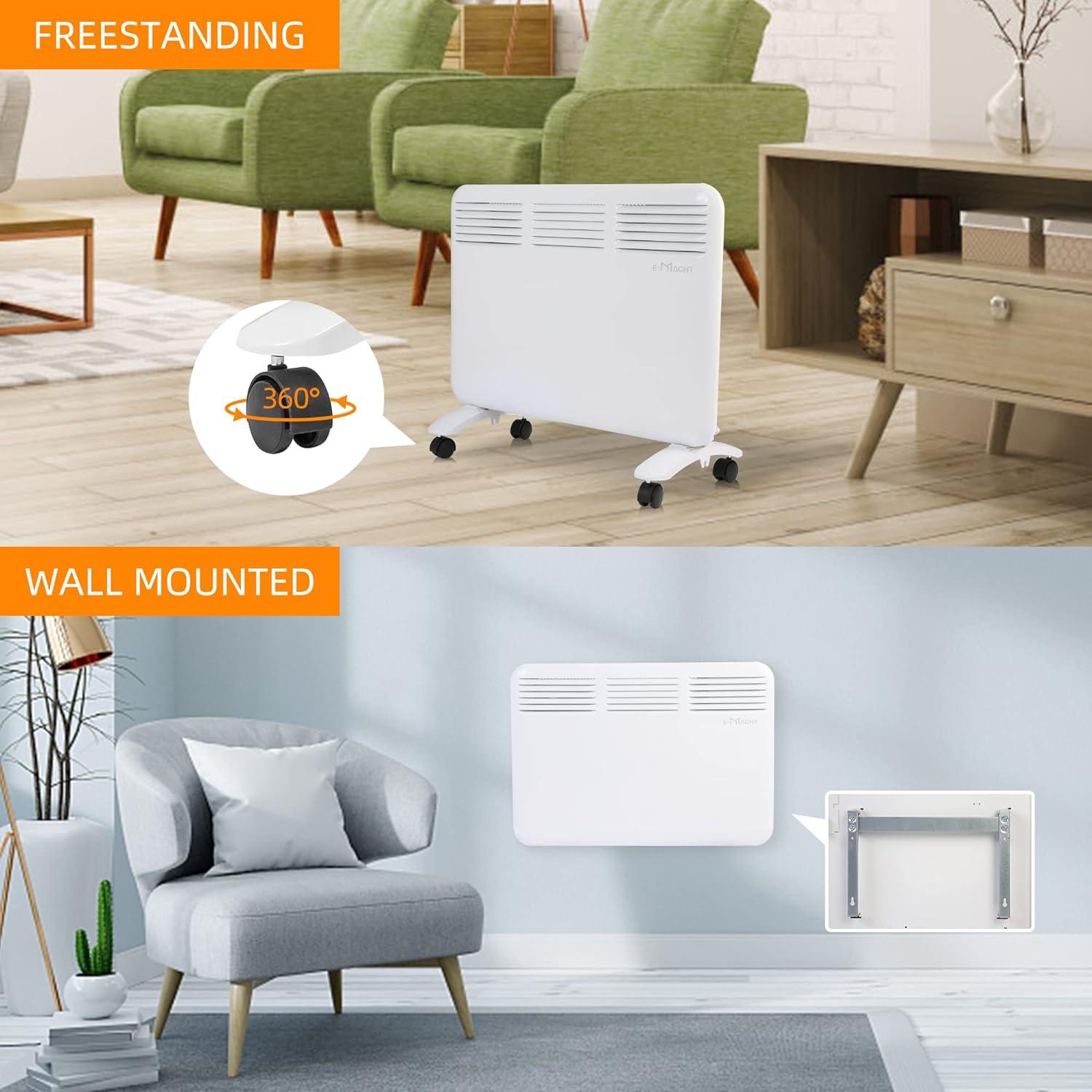 1000W Wall-Mounted Space Heater with Adjustable Thermostat, Portable Convection Freestanding Heater