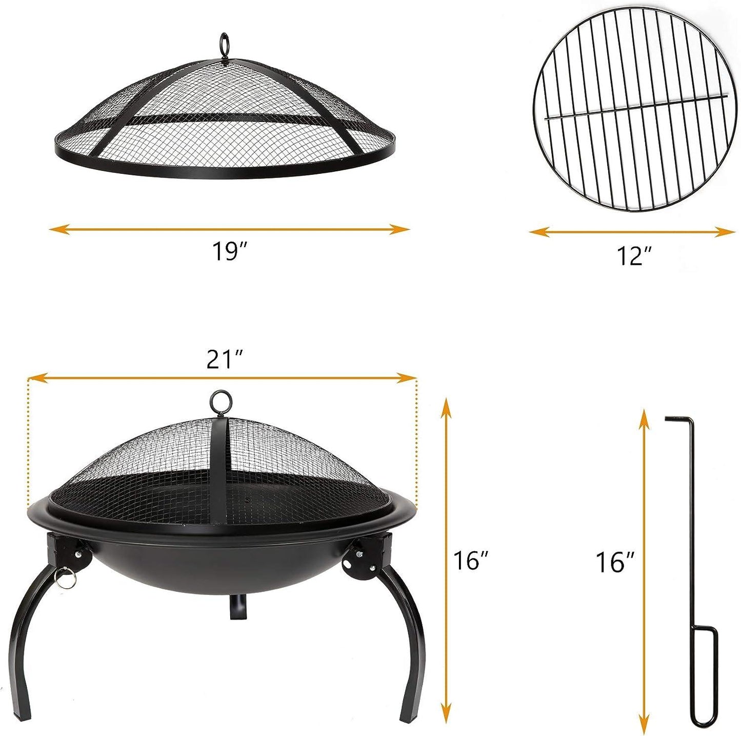 LUCKYERMORE 22” Round Foldable Outdoor Fire Pits Patio Garden Fireplace BBQ Grill with Spark Mesh Cover
