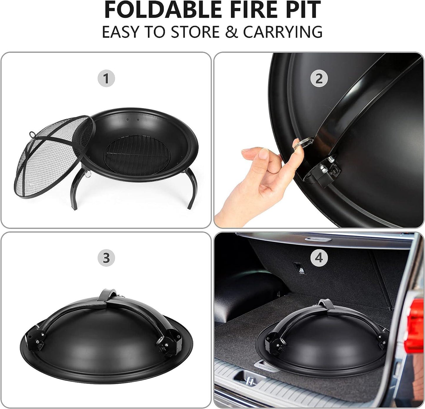 LUCKYERMORE 22” Round Foldable Outdoor Fire Pits Patio Garden Fireplace BBQ Grill with Spark Mesh Cover