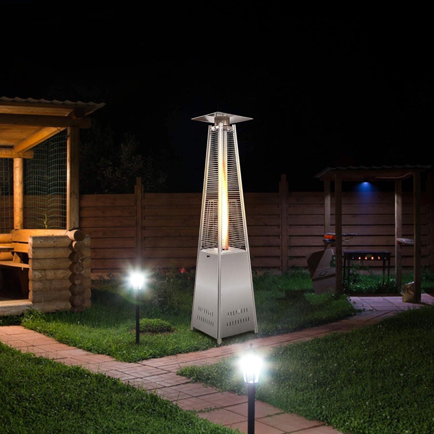 Pyramid Patio Heater Propane Outdoor 42,000 BTU Quartz Glass Tube Flame Heater with Wheels, Silver