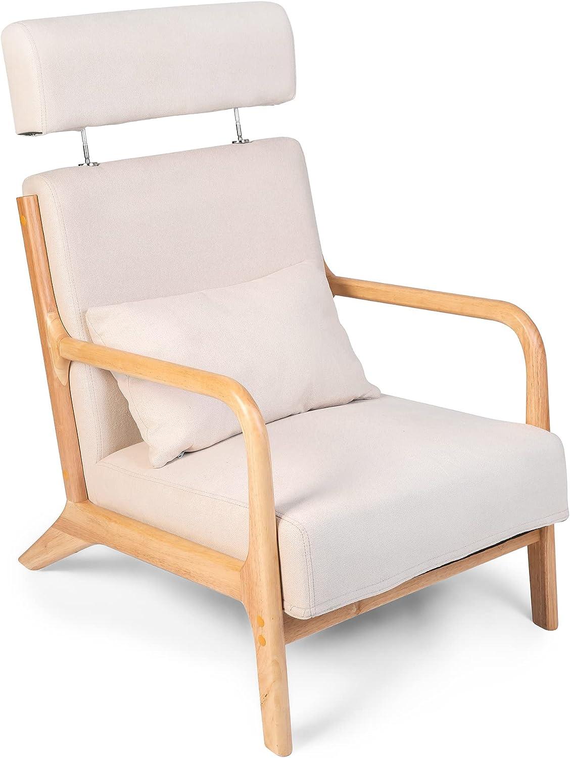 Modern Accent Chair Upholstered Lounge Armchair with Solid Wooden Legs, Beige