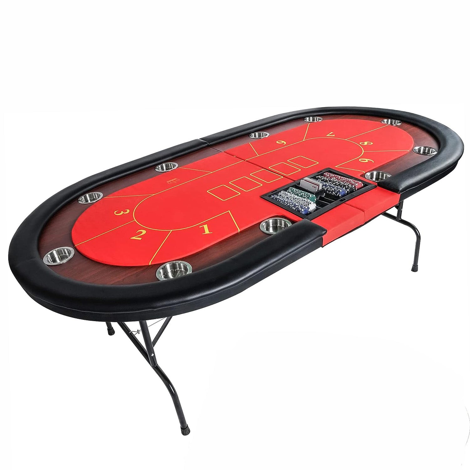 84" Folding Poker Table 10 Player Card Table with 10 Cup Holder for Texas Casino, Red