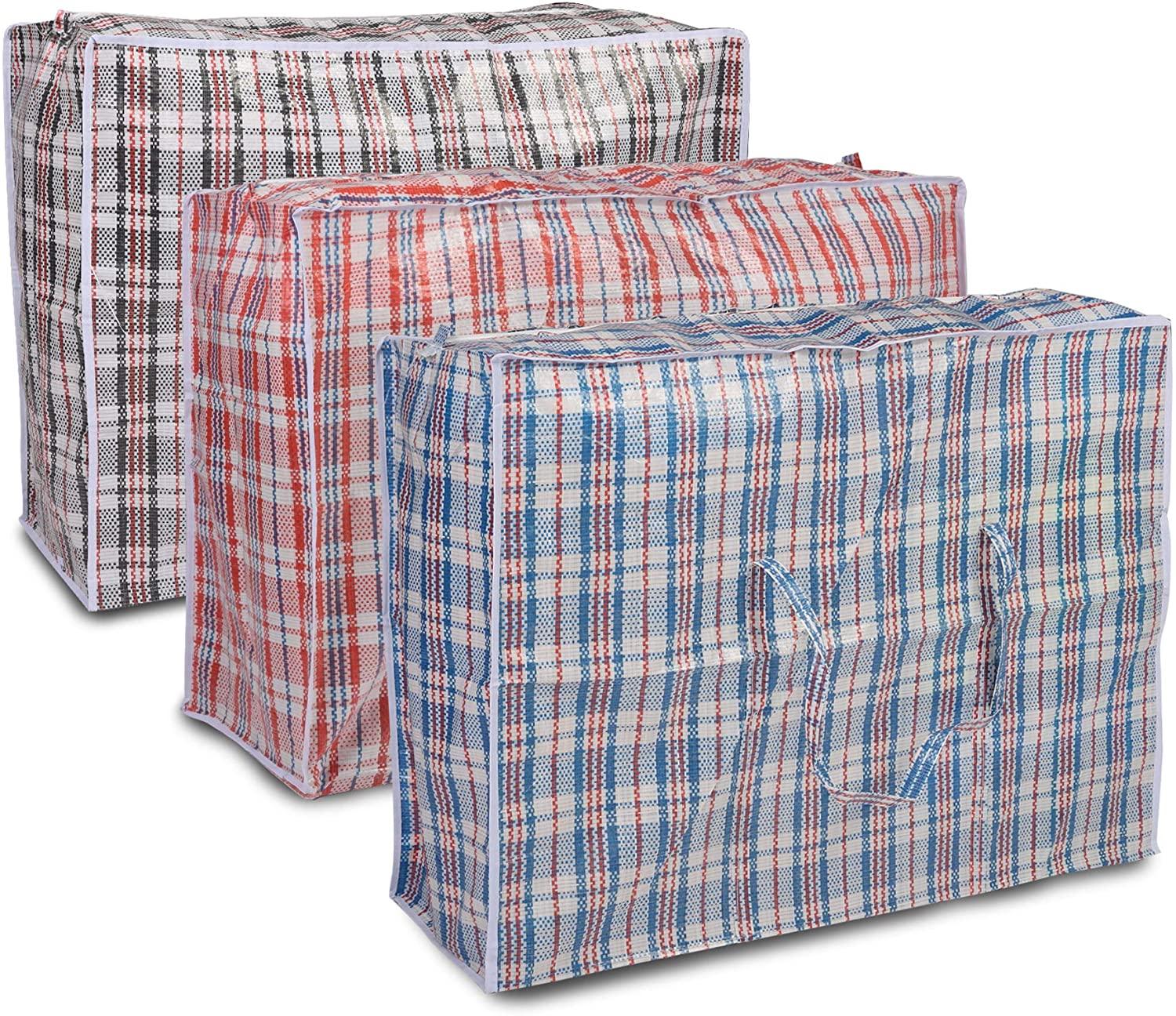3PC Plastic Woven Storage Bag Moving Tote Clothes Laundry Travel Organizer w/ Zipper & Handles - Luckyermore