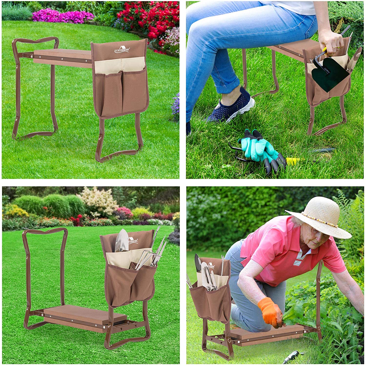 LUCKYERMORE Garden Kneeler Seat Folding Kneeling Bench Stool with Tool Pouches Soft Foam, Brown