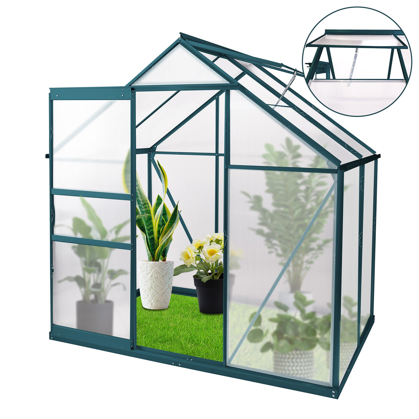 6x4 ft Walk-in Outdoor Greenhouse with Sliding Door, Vent Window, Rain Gutter