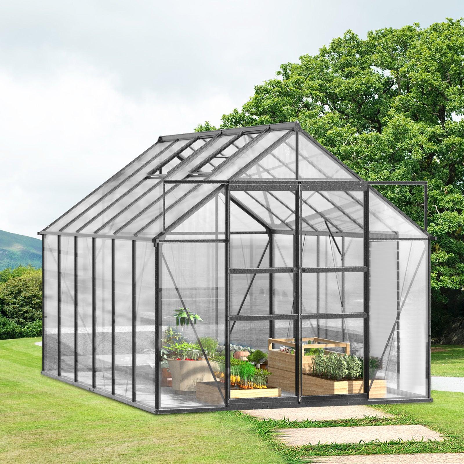 12x8 ft Walk-in Outdoor Greenhouse with Sliding Door, Vent Window, Rain Gutter