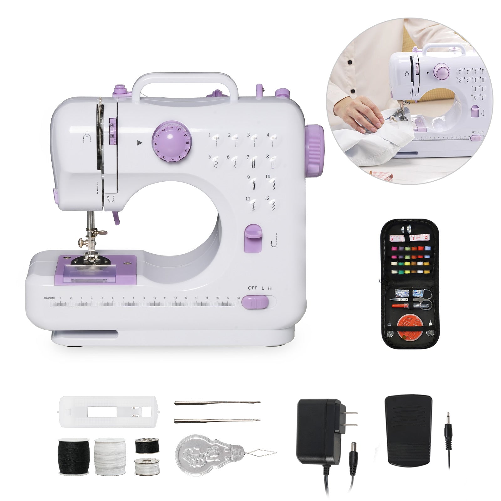 Portable Mini Sewing Machine for Beginners with Foot Pedal 12 Built-In Stitches Double Thread, Purple