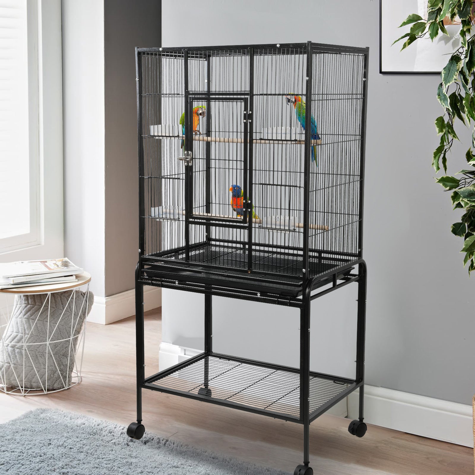 53" Big Rolling Bird Cage Parrot Flight Cage with Detachable Stand Storage Shelf and Wheels, Black