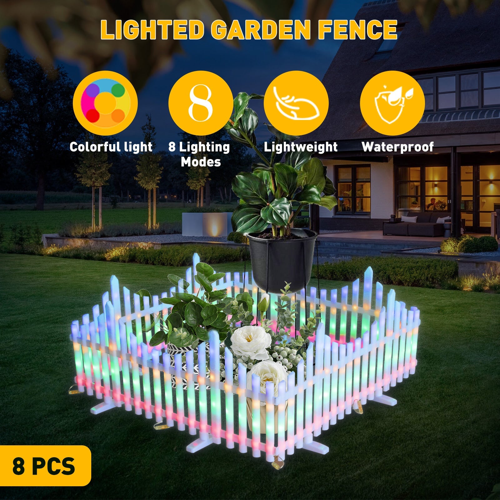 8 Pieces Garden Fence Lights Christmas Tree Fence Lights with 4 Color 8 Lighting Modes