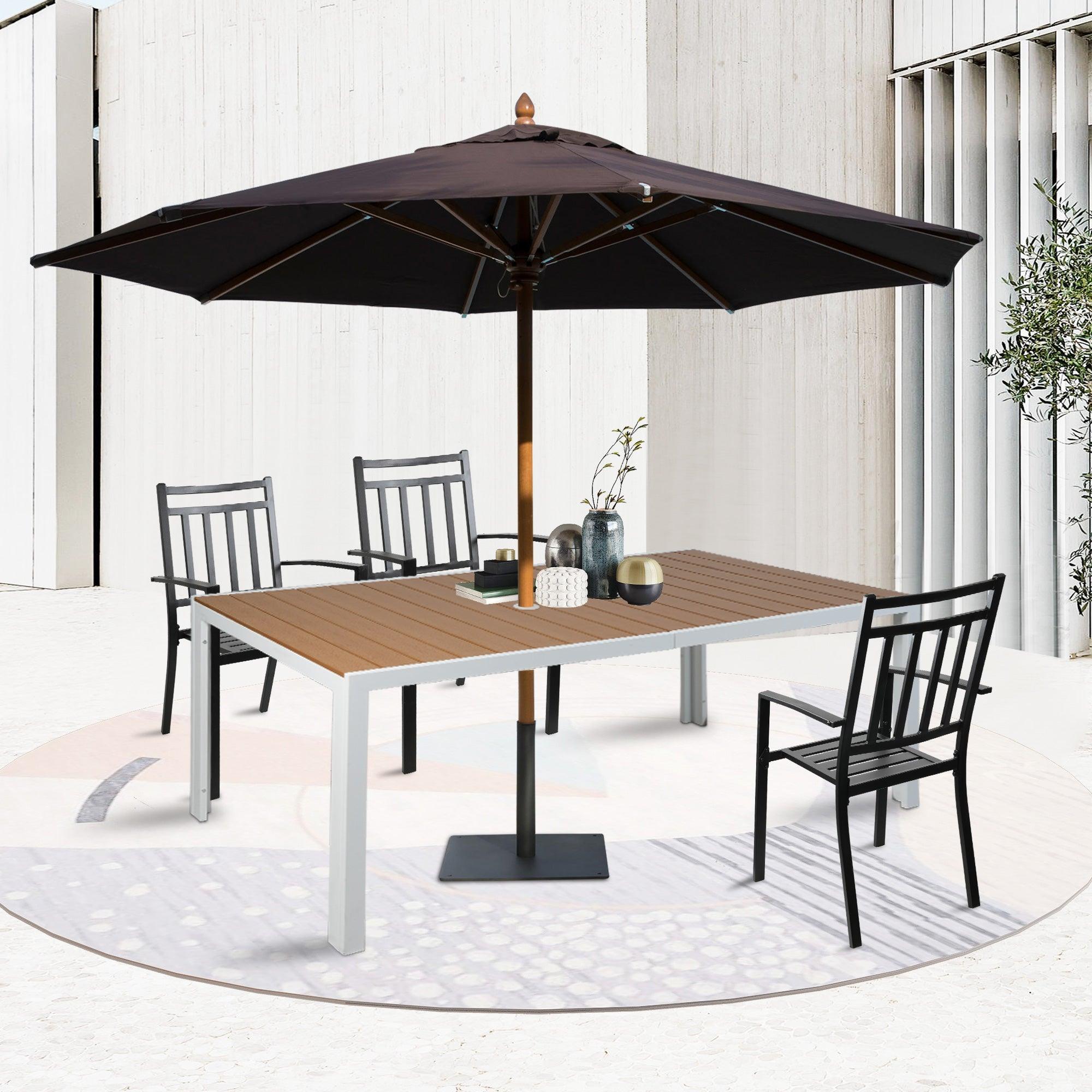 LUCKYERMORE 71" Outdoor Patio Dining Table for 6-8 Rectangular Table with Aluminum Frame Adjustable Umbrella Hole, Brown and White