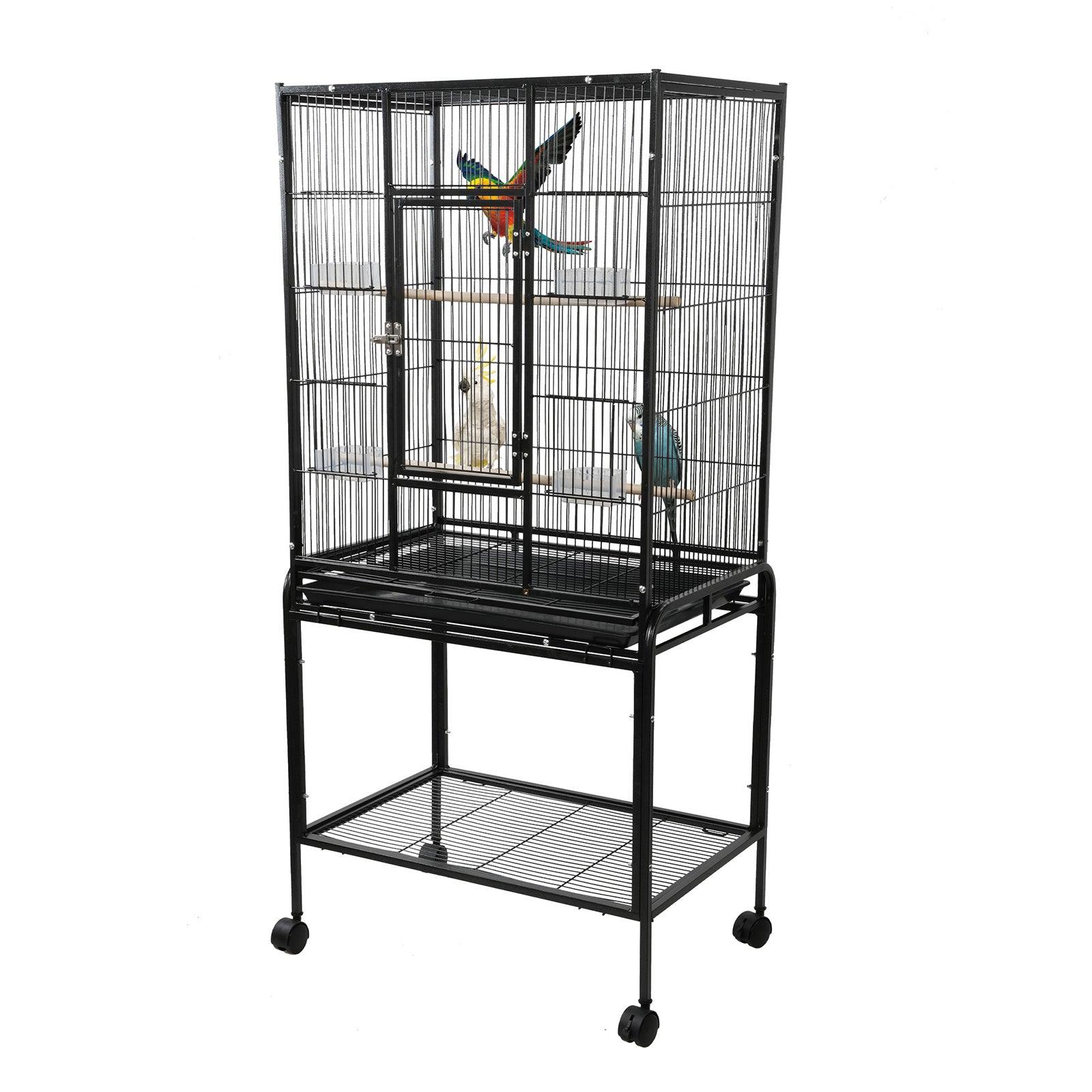 53" Big Rolling Bird Cage Parrot Flight Cage with Detachable Stand Storage Shelf and Wheels, Black