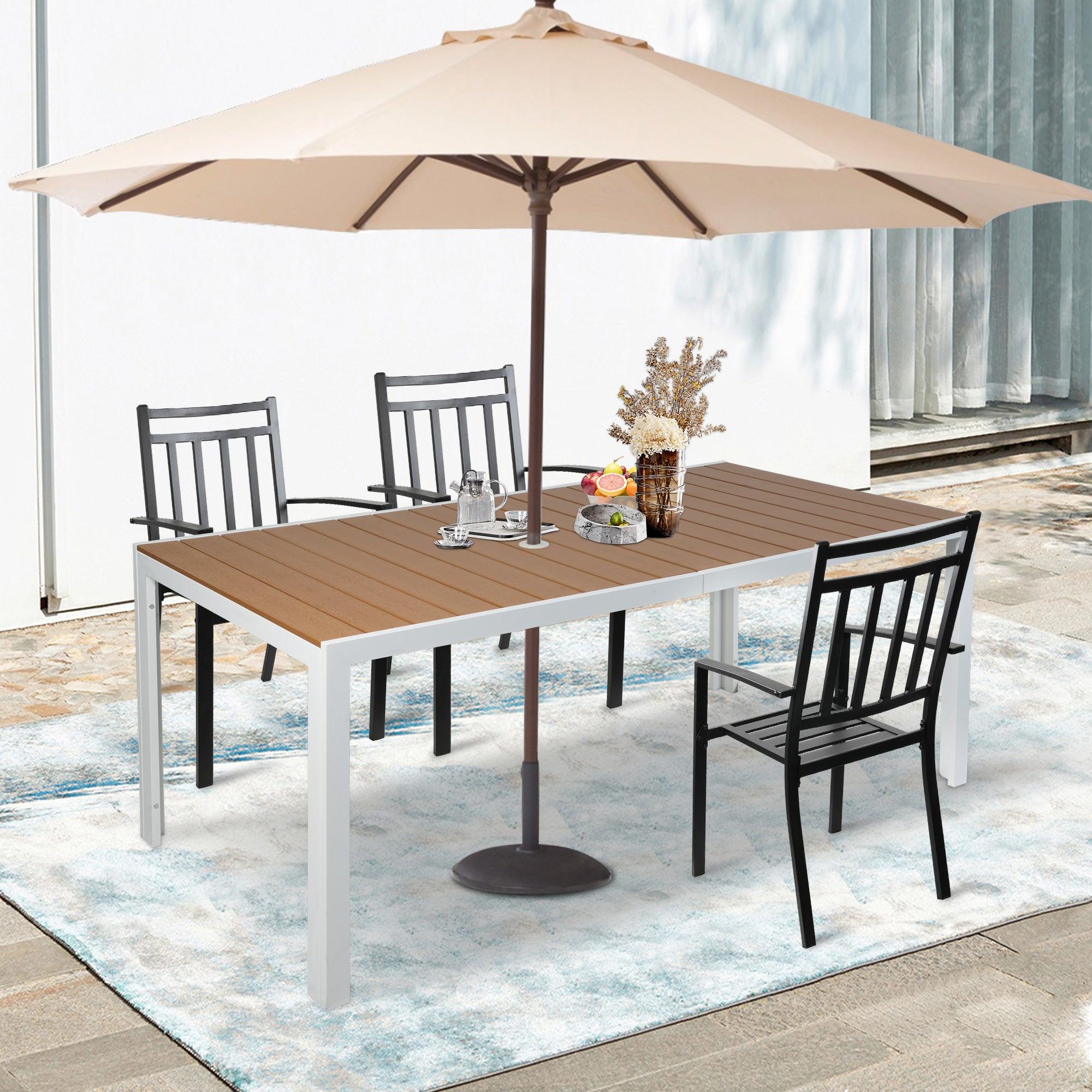LUCKYERMORE 71" Outdoor Patio Dining Table for 6-8 Rectangular Table with Aluminum Frame Adjustable Umbrella Hole, Brown and White