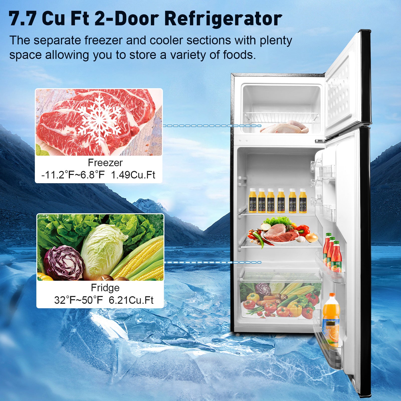 7.7 Cu.Ft. 2-Door Refrigerator with Freezer Fridge with Adjustable Thermostat Control, Black