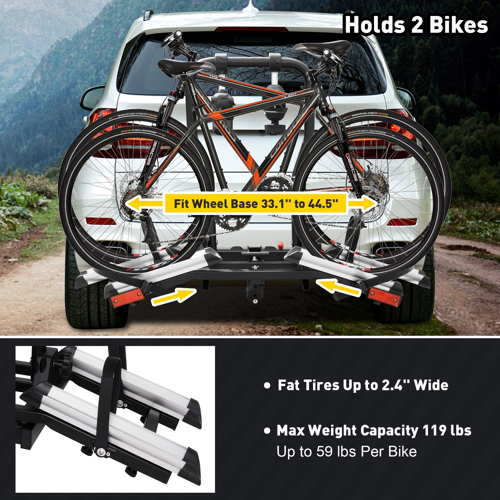 Hitch Bike Rack for 2 Bikes Foldable Platform Style Bicycle Car Racks with Adjustable Arms