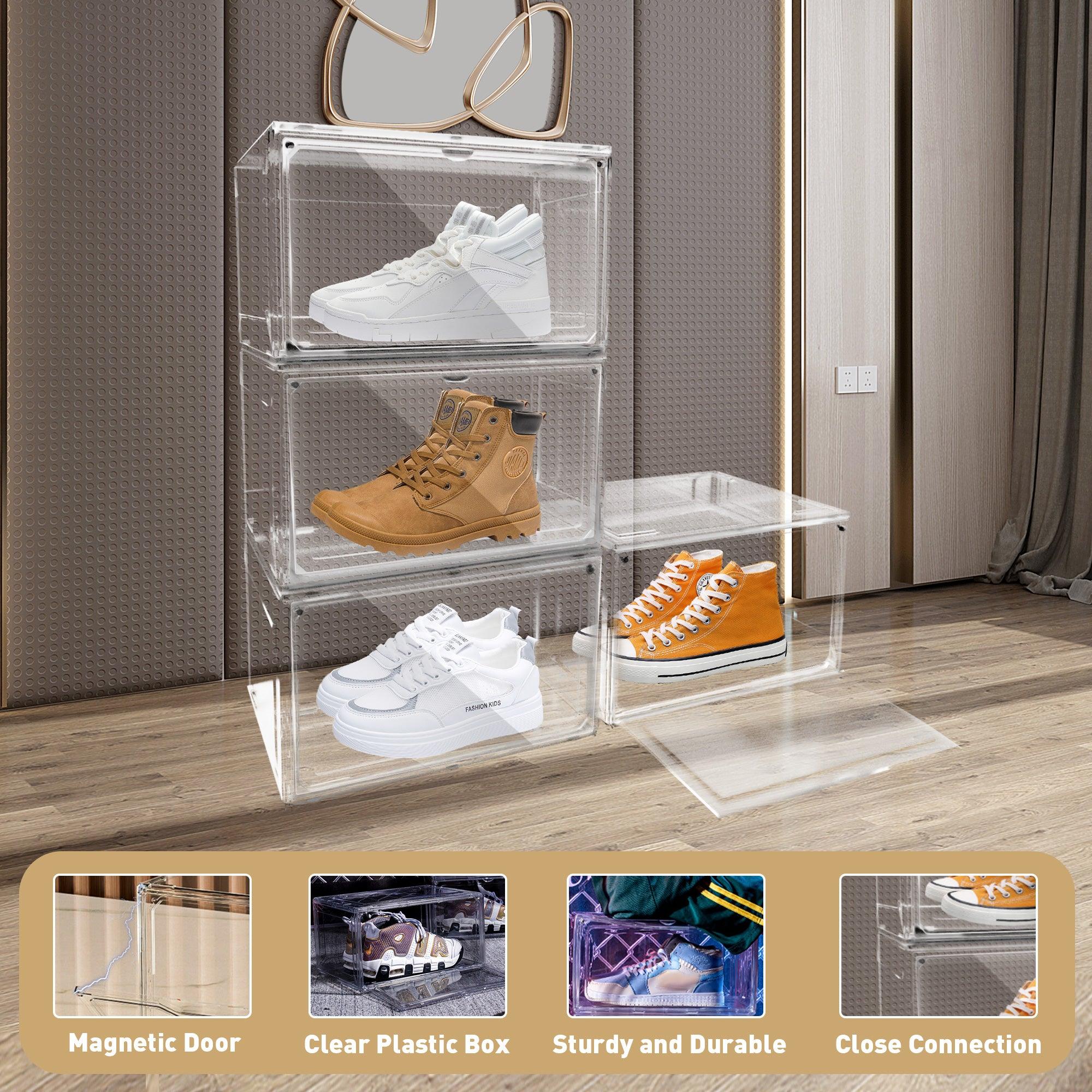 Set of 4 Shoe Storage Box Clear Plastic Stackable Shoe Organizer with Front Magnetic Door