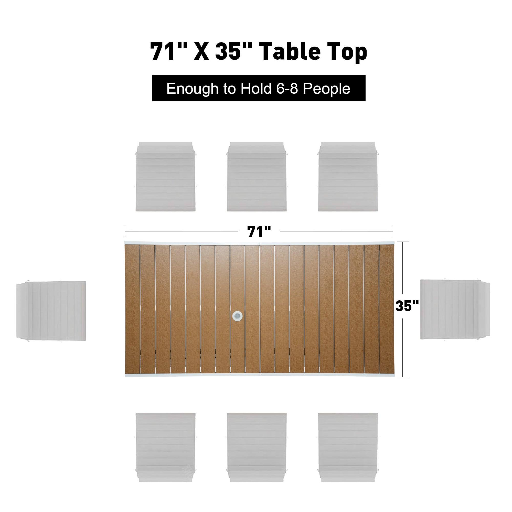 LUCKYERMORE 71" Outdoor Patio Dining Table for 6-8 Rectangular Table with Aluminum Frame Adjustable Umbrella Hole, Brown and White