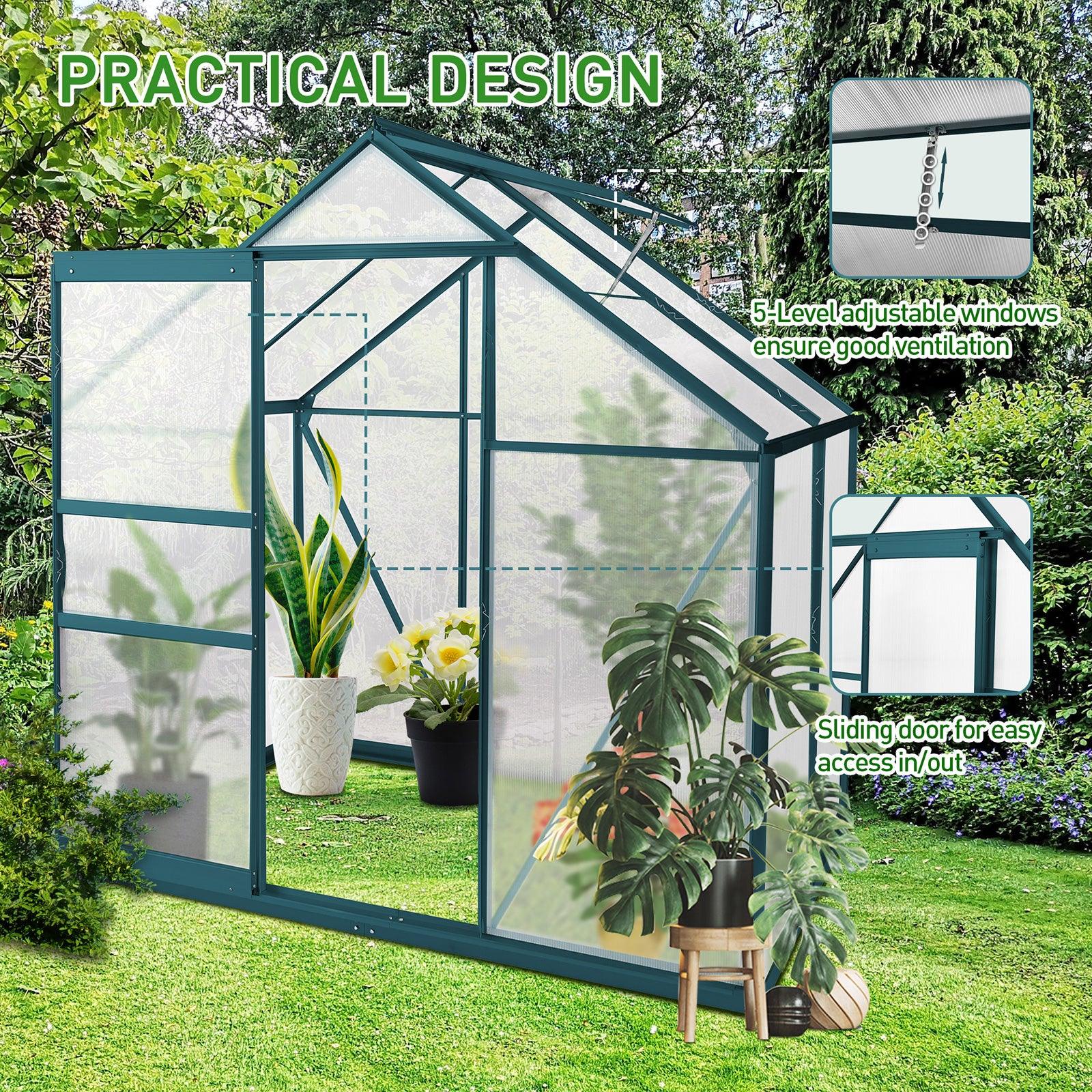 6x4 ft Walk-in Outdoor Greenhouse with Sliding Door, Vent Window, Rain Gutter