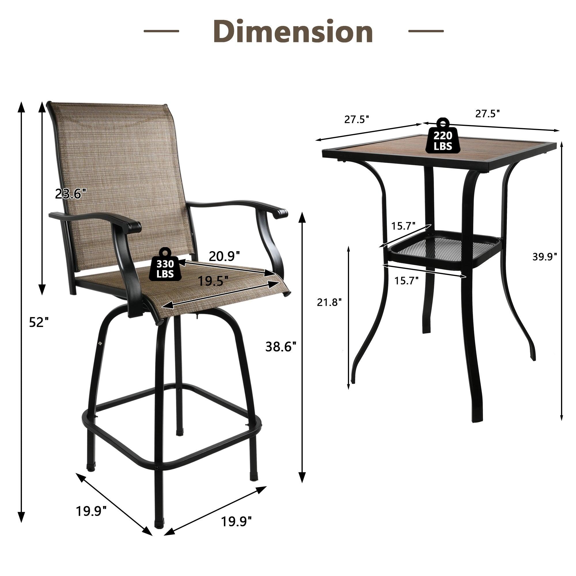 Outdoor Patio Swivel Bar Set with 2 Bar Chairs and 1 Square Table 27.5" - Luckyermore