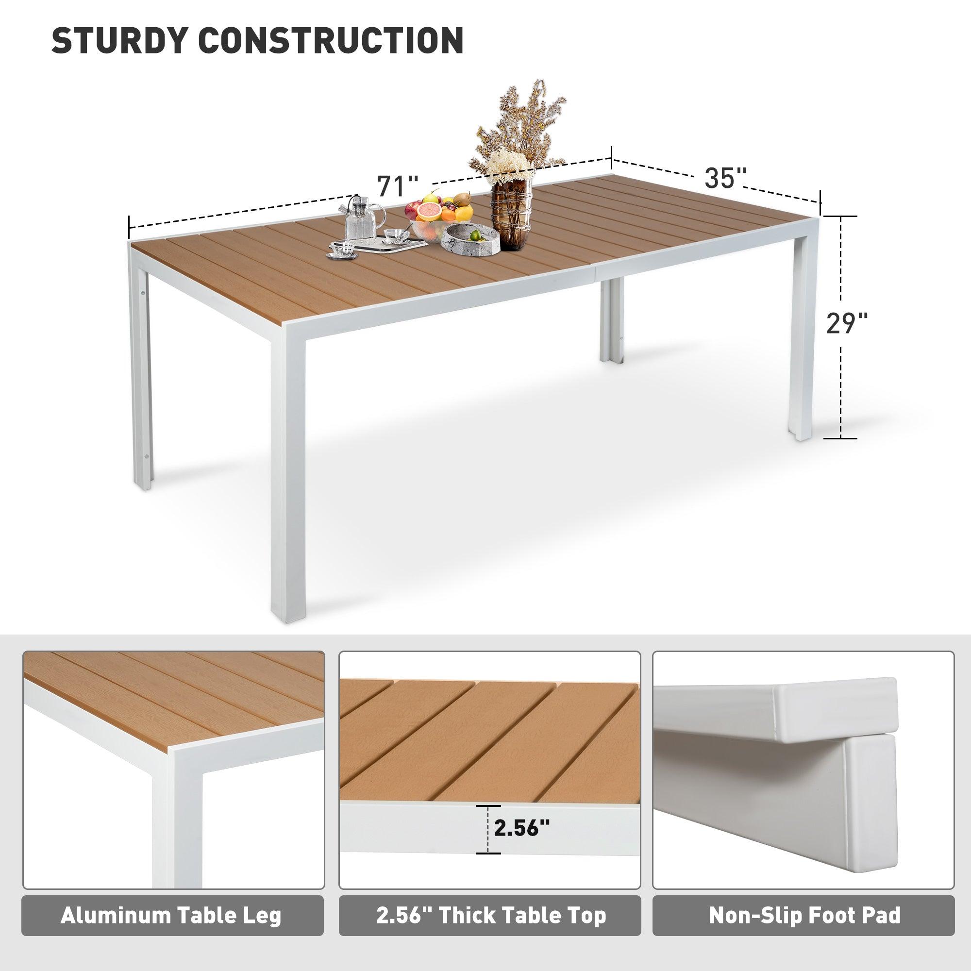 LUCKYERMORE 71" Outdoor Patio Dining Table for 6-8 Rectangular Table with Aluminum Frame Adjustable Umbrella Hole, Brown and White
