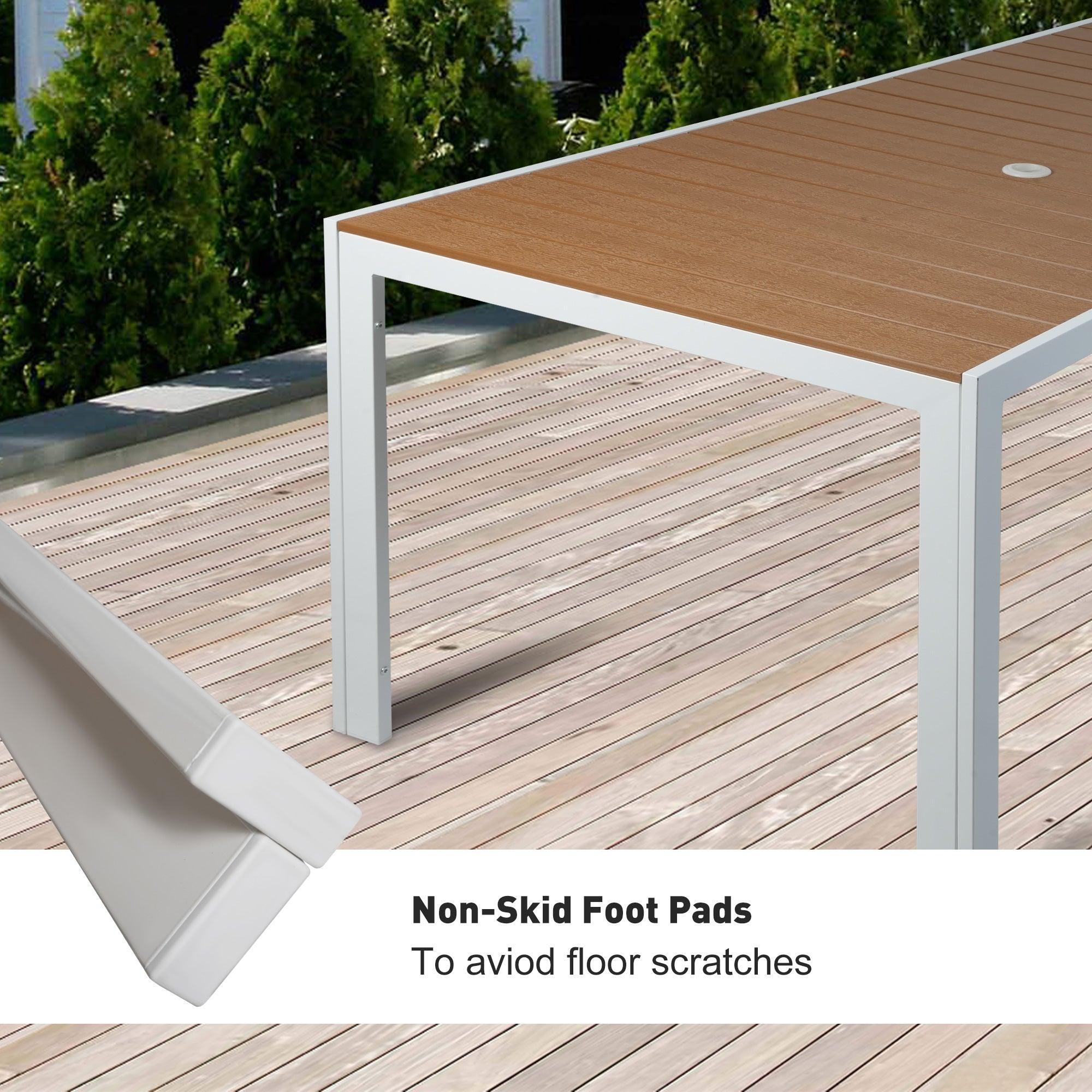 LUCKYERMORE 71" Outdoor Patio Dining Table for 6-8 Rectangular Table with Aluminum Frame Adjustable Umbrella Hole, Brown and White