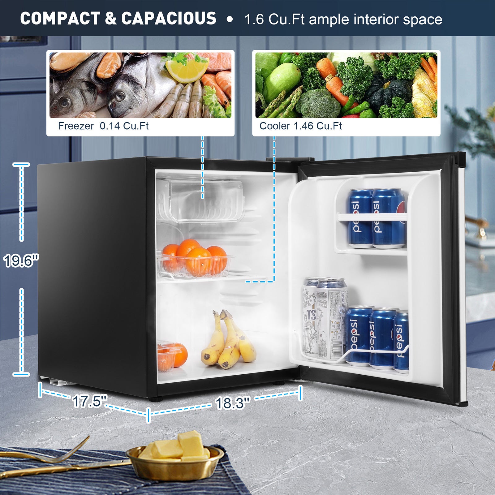 Luckyermore 1.6 Cu.Ft. Mini Fridge with Freezer Compact Refrigerator with Adjustable Thermostat Control