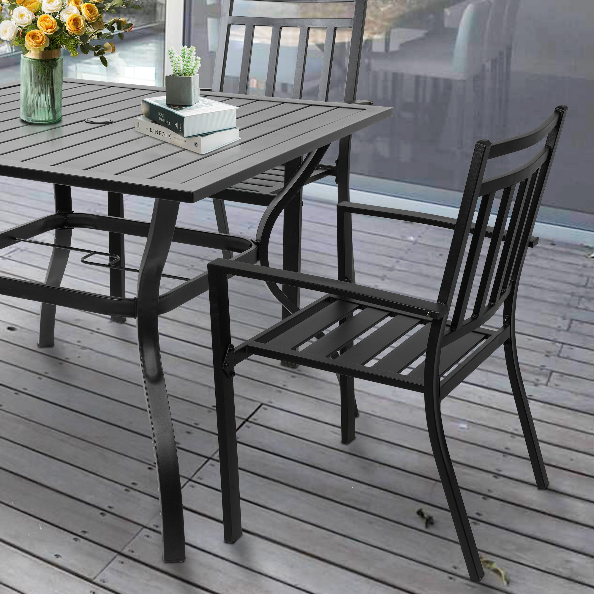Set of 2 Outdoor Patio Dining Chairs with Armrest Garden Stackable Metal Chairs, Black