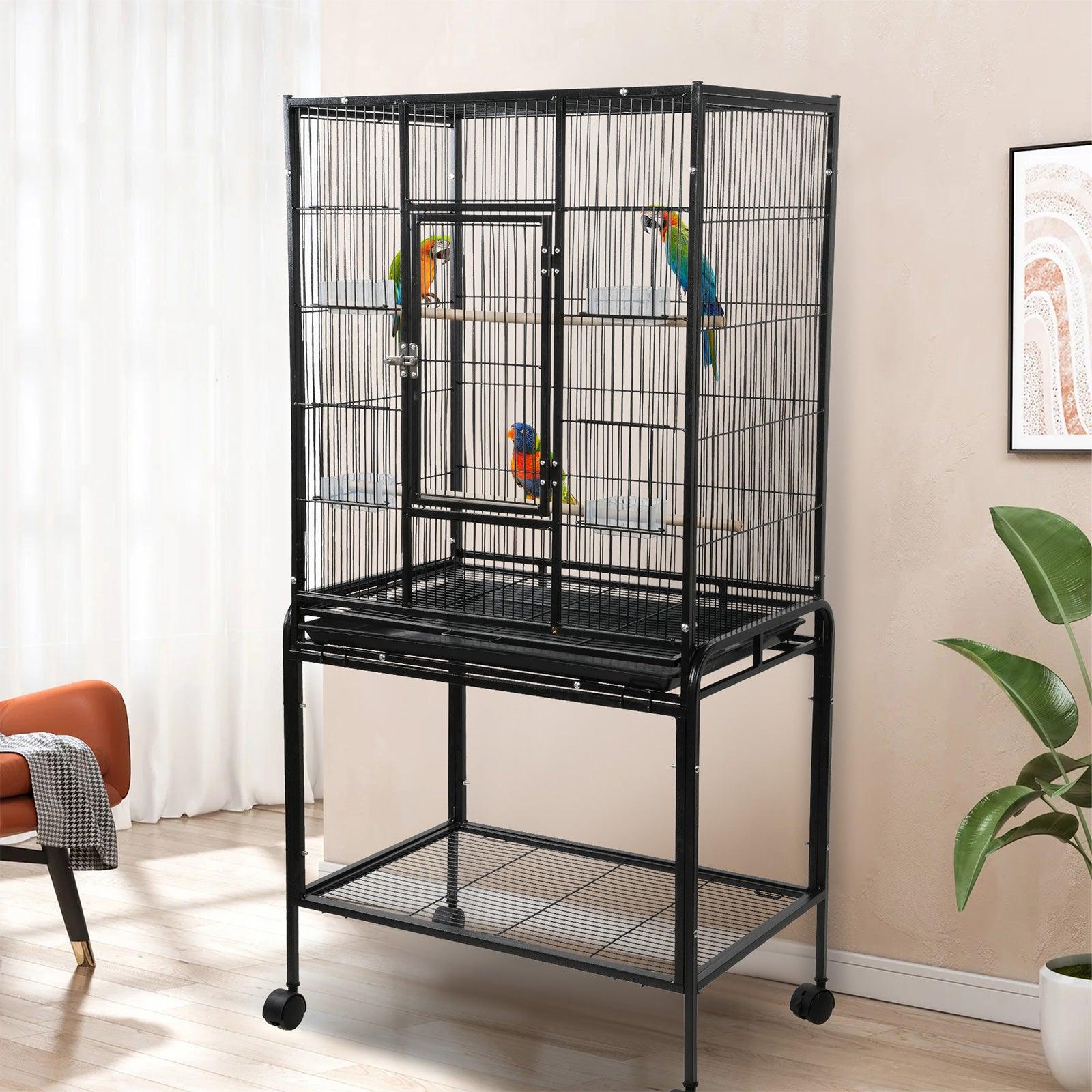 53" Big Rolling Bird Cage Parrot Flight Cage with Detachable Stand Storage Shelf and Wheels, Black