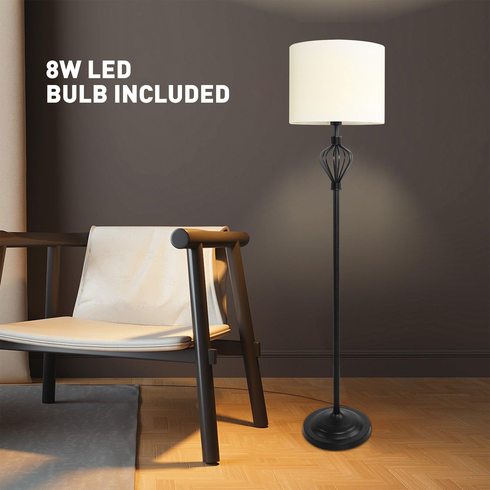 Standing Floor Lamp with 8W LED Bulb Foot Switch Fabric Lamp Shade Tall Stand Up Floor Lamp, Black and White - Luckyermore