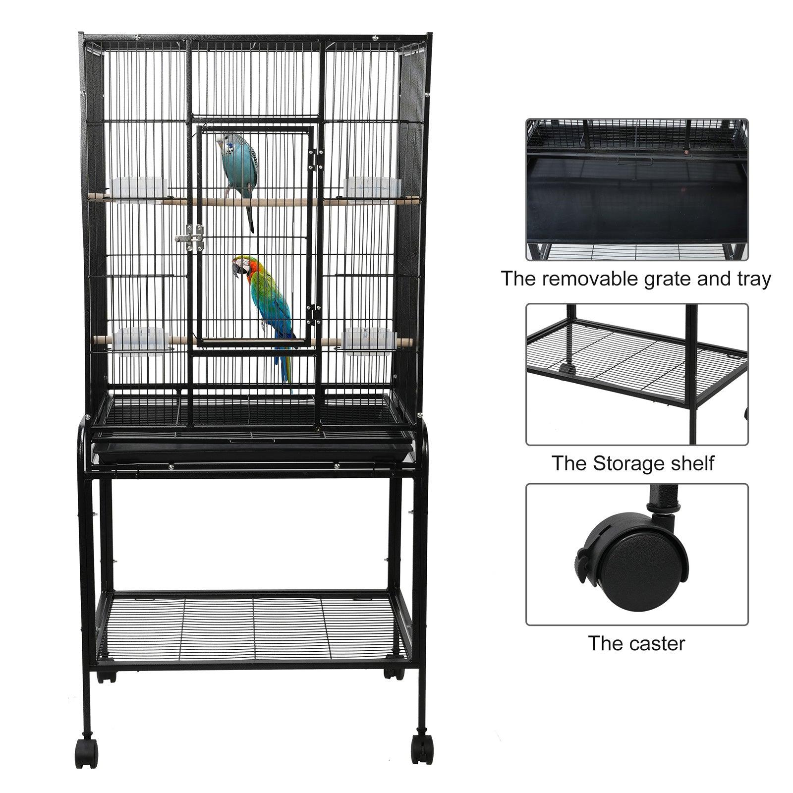 53" Big Rolling Bird Cage Parrot Flight Cage with Detachable Stand Storage Shelf and Wheels, Black