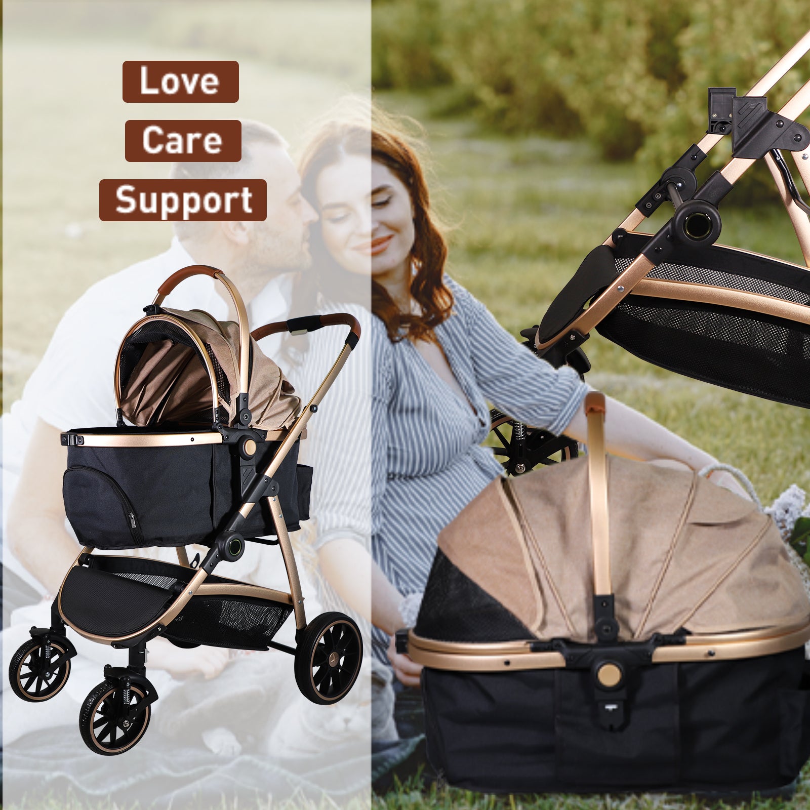 3 in 1 Travel Dog Stroller Pet Carrier with Detachable Carrier & Adjustable Handle, Gold