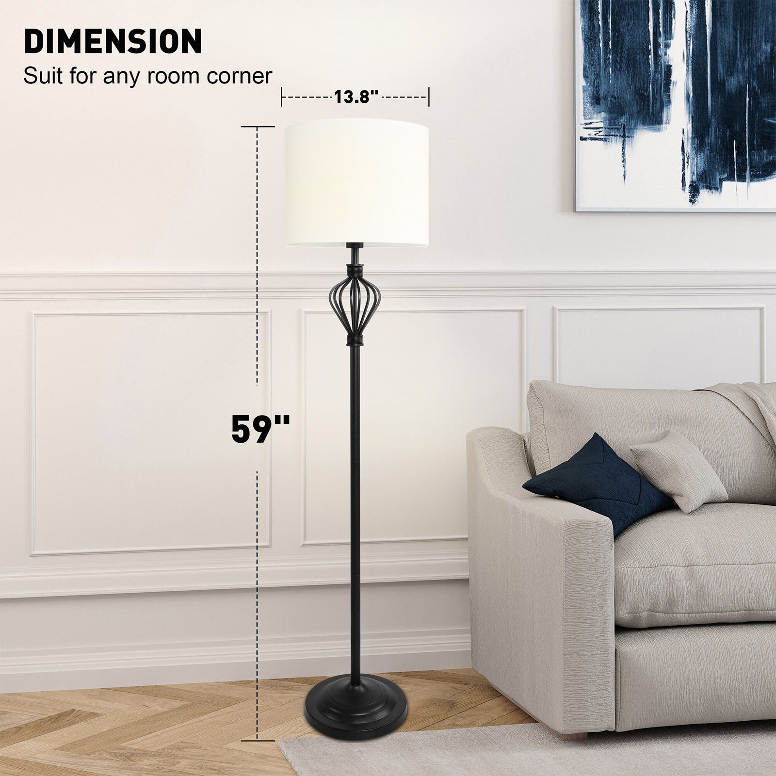 Standing Floor Lamp with 8W LED Bulb Foot Switch Fabric Lamp Shade Tall Stand Up Floor Lamp, Black and White