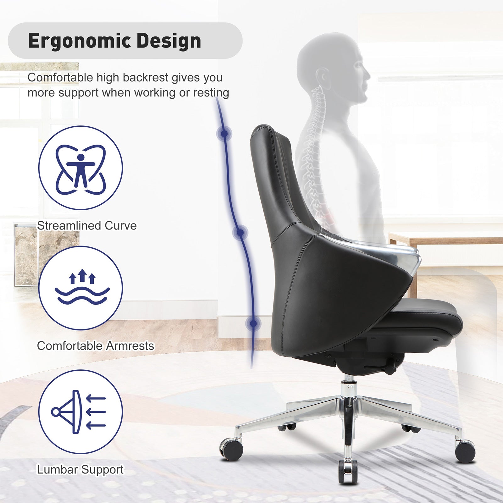 Executive Ergonomic Leather Office Chairs with Tilt and Height Adjustable, Black
