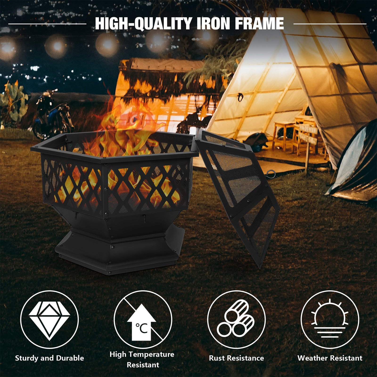 27.6" Hex Outdoor Wood Burning Fire Pit Patio Fireplace with Spark Screen and Poker