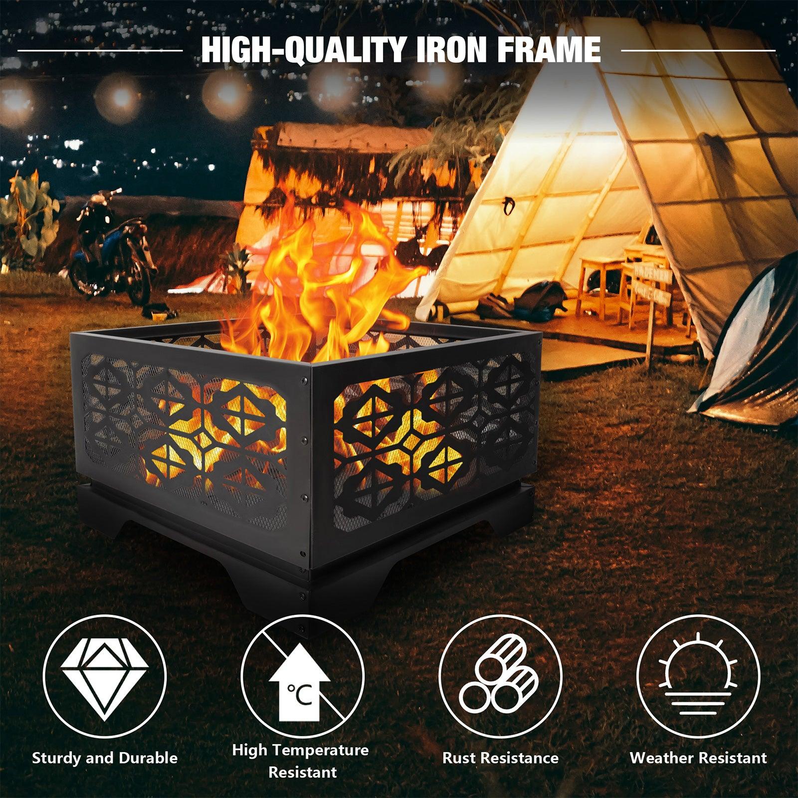 26" Square Outdoor Wood Burning Fire Pit with Steel BBQ Grill, Spark Screen and Poker