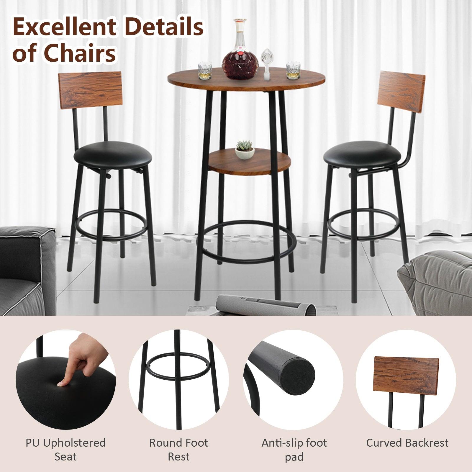LUCKYERMORE Round Bar Table Set, 2-Tier Table 23.6" for 2 with 2 Upholstered Bar Stools with Backrest