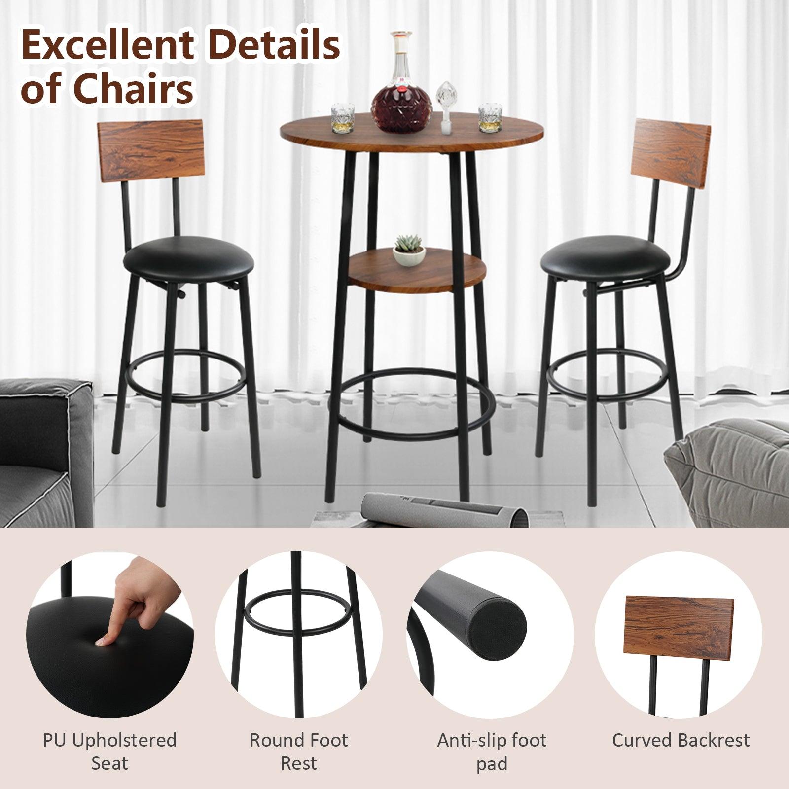 Round Bar Table Set, 2-Tier Table 23.6" for 2 with 2 Upholstered Bar Stools with Backrest