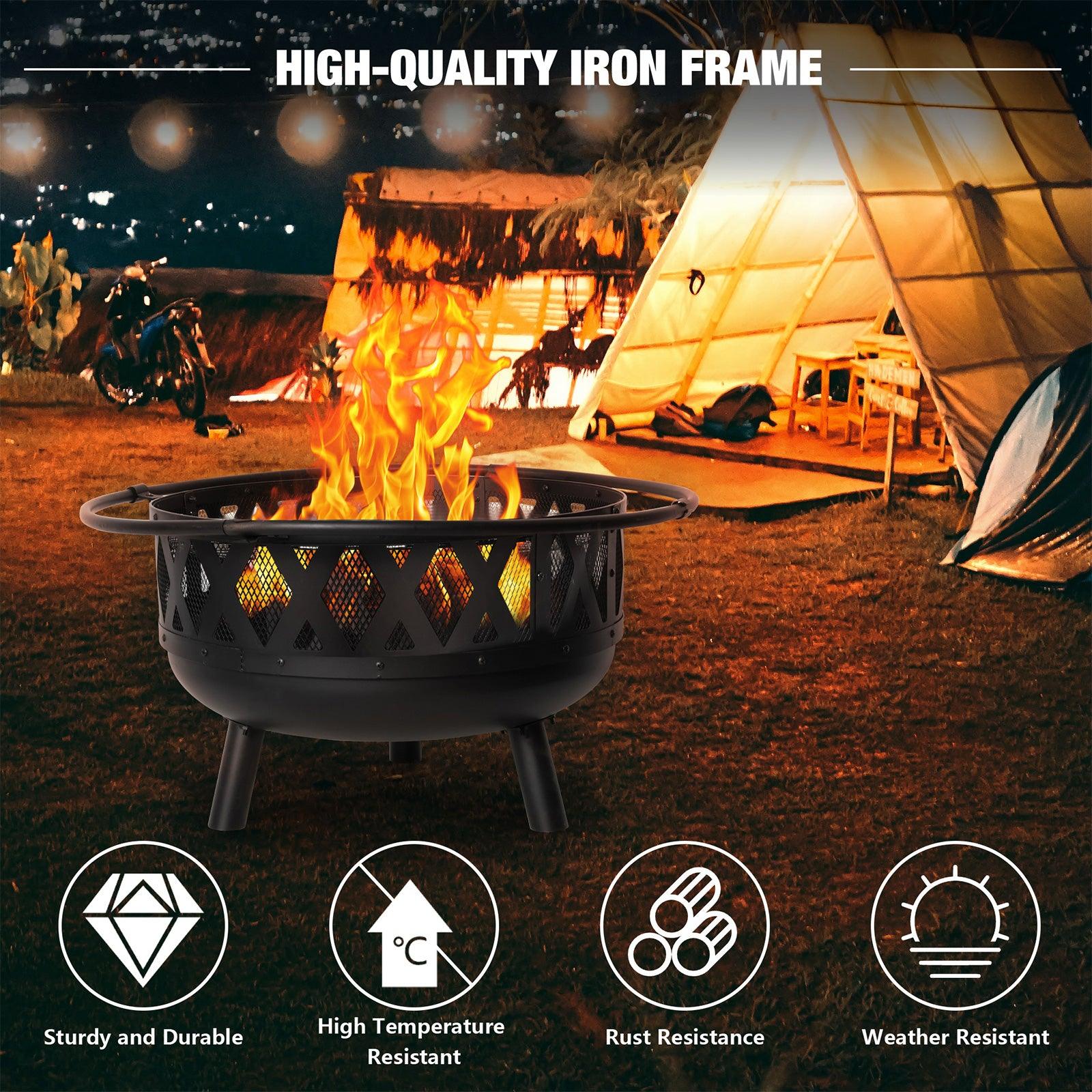22.8" Round Outdoor Wood Burning Fire Pit with Steel BBQ Grill, Spark Screen and Poker - Luckyermore