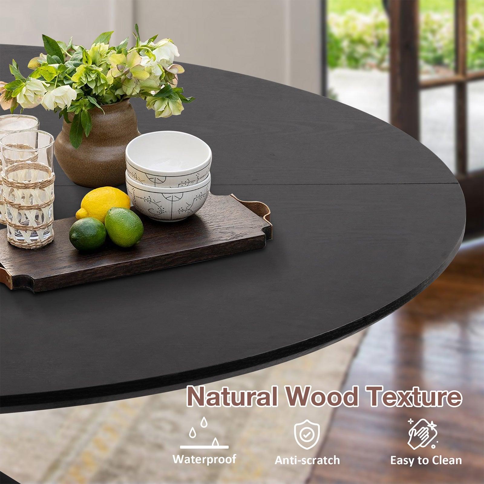 53" Round Mid-Century Modern Wooden Kitchen Dining Table for 4-6 with Solid Metal Leg, Black Wood Grain